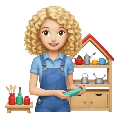 smiling blonde curly woman arranging furniture in doll house with overalls sticker