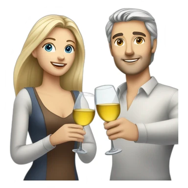 caucasian woman with brown eyes and blond shoulter long hair and a caucasian man with blue eyes and grey hair, toasting with a glass of white wine sticker