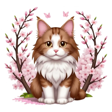 A cute  little  brown and white Maine coon and cherry blossom sticker