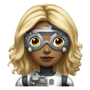 Brown long hair with blonde steaks female cyborg head, fair skin, space age goggles and circuits sticker