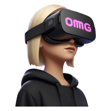Russian girl wearing black hoody with violet letters "OMG", in vr headset oculus quest2. Standing like jedi. Cyberpunk style. Violet neon. sticker