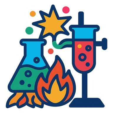 exothermic chemical reaction with beakers and flames, vibrant colors sticker