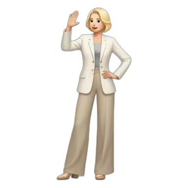 Full height Actively gesturing with hands pale skin woman with ash blonde Straightened bob Hair, White Spacious classical jacket, beige palazzo Arrow pants and gray blouse sticker