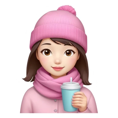 Cute East Asian girl, soft fair skin, big brown eyes, long lashes, natural pink lips, inward brown bob with straight bangs. Wearing pink beanie and scarf, rosy cheeks, shy smile, holding warm drink, snow,  sticker