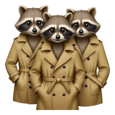 Three mischievious raccoons heads standing on top of each other pretending to be one person within single trench coat sticker