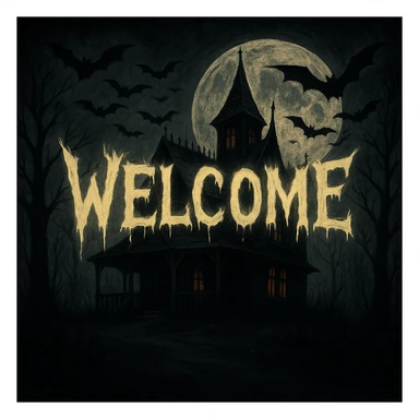 Add the word 'Welcome' in creepy, horror-themed text, integrated into the haunted house at night banner. The text should blend naturally with the spooky atmosphere and eerie lighting of the scene. sticker
