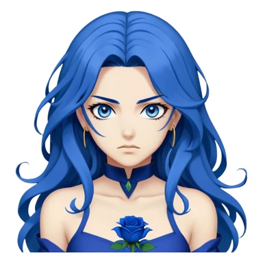 head portrait of anime girl with long dark blue hair, blue rose in hair, bright blue eyes, dramatic JoJo's Bizarre Adventure style, bold outlines, intense expression sticker