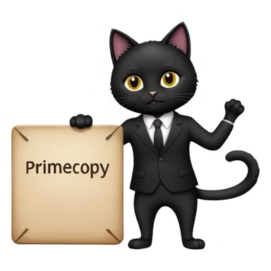 A black cat in a black business suit holds a sign that says "PrimeCopy" sticker