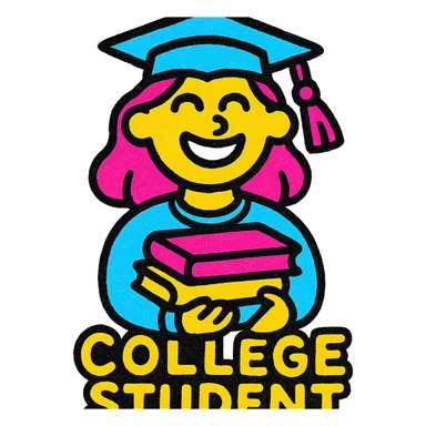 vibrant, smiling university student with books, lively and positive, colorful style sticker