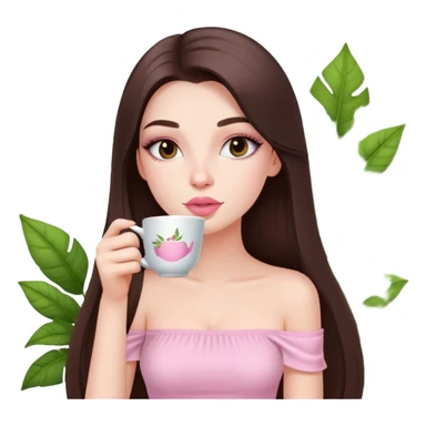 exotic pale girl, very full lips, long straight brunette hair, long lashes, pastel pink tube top, sipping tea  sticker