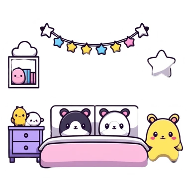 small cute bedroom with kawaii decor, stuffed animals, heart-shaped pillows, star garland sticker