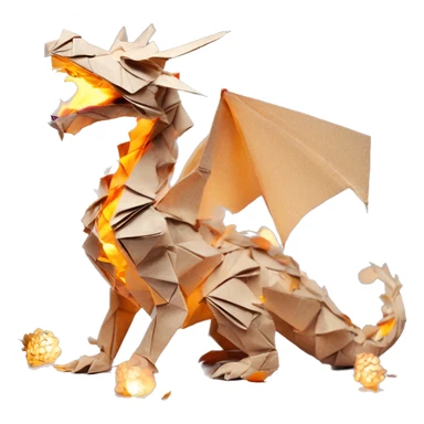 Beige Origami dragon made of newspapers on fire surrounded by fairy lights swirls covered in dried flowers bokeh library bunting floral flowers fire flames sticker