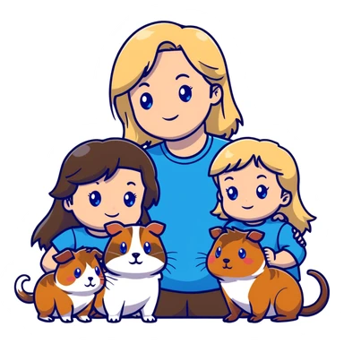 Family portrait with father with dark brown hair and blue eyes, mother with light brown hair and blue eyes, three blonde little girls with blue eyes, plus a grey cat and two guinea pigs sticker