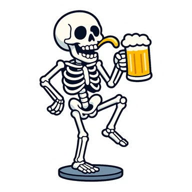 Create a variant of a skeleton drinking a beer while balancing on one leg like a flamingo, in a cartoon sticker style. The style should mimic cartoonish stickers with bold outlines and vibrant colors. sticker