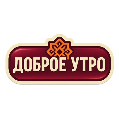 elongated horizontal plaque with the text 'Доброе утро', retro sticker style, burgundy background, beige letters, geometric eastern ornament in the center, soft shadows, transparent background sticker