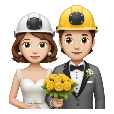 bride and groom couple, both with brown hair, bride has curlers in her hair, both wearing construction helmets and flats, bride holding bouquet, emoji style sticker