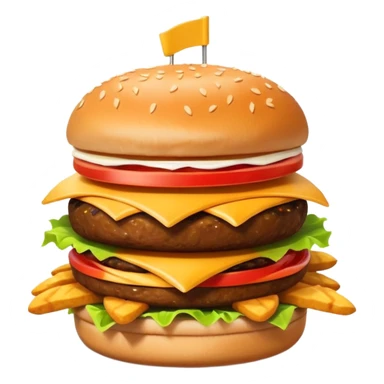 A clean and simple icon of fast food in emoji-style illustration. A burger with fries, naggets and shaverma, bright and bold colors, simple shapes, flat design, high contrast, inviting and appetizing. sticker