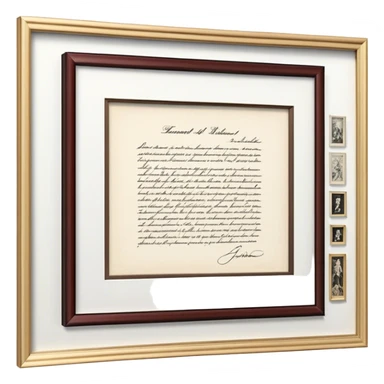 Icon for Autograph Collecting: a signed piece of paper or book page with a famous signature, surrounded by a collection of several framed autographs. Transparent background. sticker