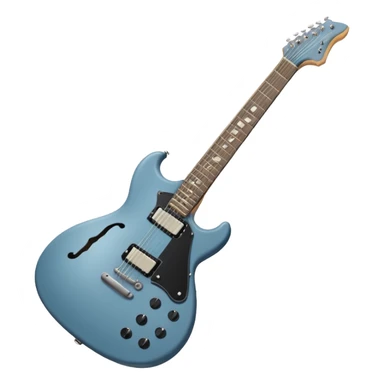 A gray-blue electric guitar with a black pick guard and only one volume knob, make the head tan sticker