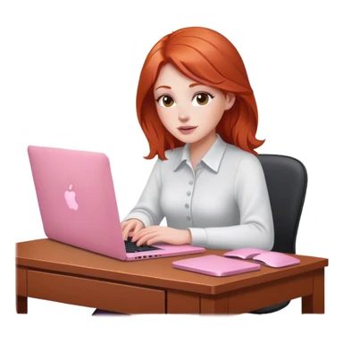 Redhead sat at desk with pink MacBook  sticker