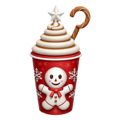 3D emoji of a festive paper cup from the Moscow Red Square Christmas fair. The cup features traditional Russian red and white ornaments. Steam is rising from the top, with a cinnamon stick and a small gingerbread man cookie peeking out. Glossy paper texture, soft 3D render, sticker