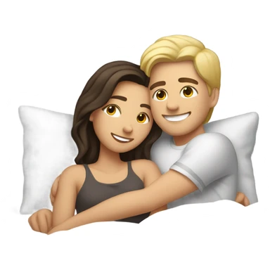 Blonde girl and brunette guy cuddling in bed sticker