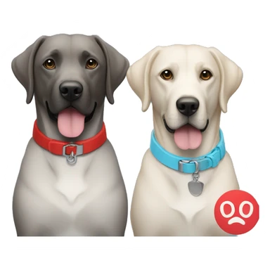 2 dogs, black labradors. one on the left smaller. The dog on left with a light blue collar. dog on right with red collar. sticker
