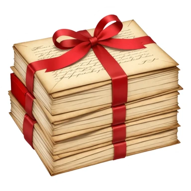 A beautifully arranged Stack of aged letters, tied with a red ribbon, envelopes, corespondence, aesthetic sticker