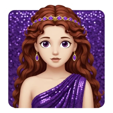 Persephone from Greek Gods with long dark auburn wavy hair, dark purple sequin toga sticker