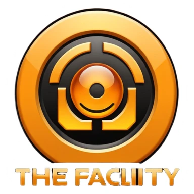 Minimal logo emoji with a glowing amber industrial emblem above bold text reading “THE FACILITY”, dark background, clean typography, sci-fi bunker aesthetic, high contrast, sticker