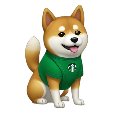 Shiba working at Starbucks with green apron sticker