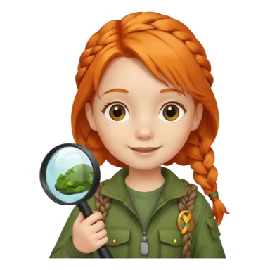 braid orange haired girl kid in moss green explorer outfit, holding magnifying glass, smile sticker
