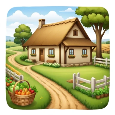 Icon for Rural Tourism: a peaceful countryside scene with a wooden cottage, a dirt path, grazing animals, and a basket of fresh produce. The icon should represent the tranquility and charm of rural life. Transparent background. sticker