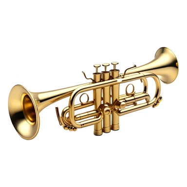 Create a sleek and professional emoji representing a Stomvi trumpet. The design should showcase the shiny, polished brass body of the trumpet with its distinct bell, valves, and tuning slides. Highlight the intricate keywork and the valve pistons, with detailed metallic accents and subtle reflections on the surface. The mouthpiece should be visible at the top of the instrument. Use golden and brass tones with light reflections to emphasize the smooth, high-quality finish. Add a few musical notes floating around the trumpet to evoke its bright and resonant sound. The background should be transparent. sticker