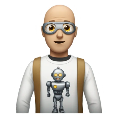 A man runbing a robot against his bald forehead sticker