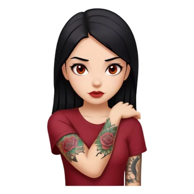 beautiful girl with black straight hair, dark red shirt, brown eyes, with tattoo in her forearm  sticker