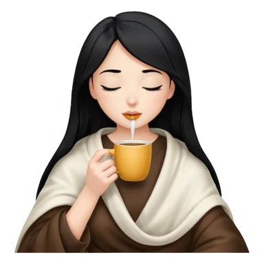 black hair girl long hair inside a white milky satin blanket sipping coffee eyes closed sticker