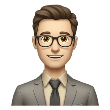 Pale skinned fit man with dark brown hair in gray jacket, beige office shirt, brown tie, brown pants and vintage glasses Writing on the flipchart sticker