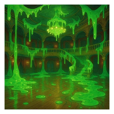 a ghibli-inspired dance hall with a whimsical, slimy atmosphere and glowing green ooze sticker