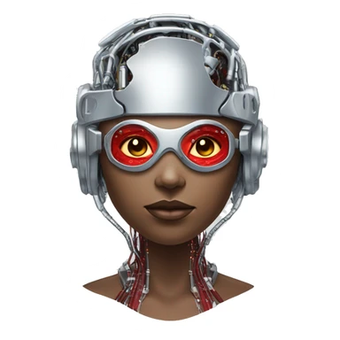 Red skin female cyborg head with silver goggles, silver circuits sticker