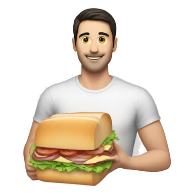 A white man with dark hair holding a long sandwich sticker