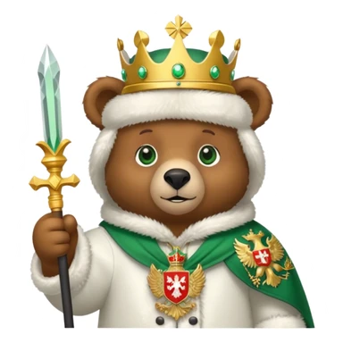 Adorable brown bear with green eyes, white ushanka hat featuring very clear and accurate Russian Federation double-headed eagle coat of arms with crowns and scepter, iOS emoji style sticker