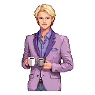 Confident male entrepreneur, Caucasian features, blonde hair, defined eyebrows, slight smile, wearing violet blazer over light violet shirt, holding a coffee cup in right hand, waist-up, front-facing sticker