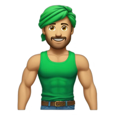 Homme aux cheveux verts très musclé et a  une cicatrice à l’œil gauche. Il porte une chemise blanche. Il a un bandana vert et porte 3 pendentifs dorés à l’oreille gauche  sticker