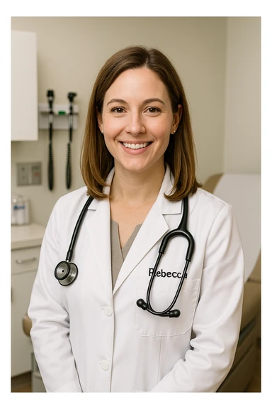 A woman named Rebecca working as a doctor, wearing a white coat and stethoscope, friendly expression, professional medical setting sticker
