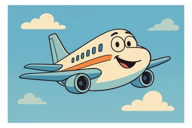 a cartoon airplane flying in the sky, simple and cheerful, bright colors, clear sky background sticker