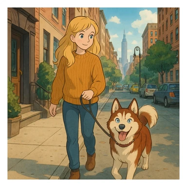 Cute Blonde woman wearing a sweater walking a happy red-brown blue-eyed Siberian husky in New York City on an upper east side city sidewalk  sticker