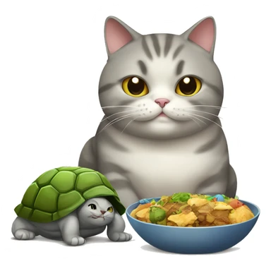 A fat British cat with a turtle color. There is a happy one at the bowl with food sticker
