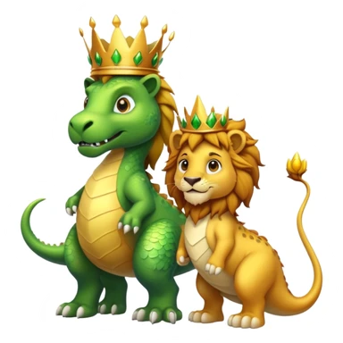 A lion wearing a golden crown standing next to a friendly dinosaur sticker