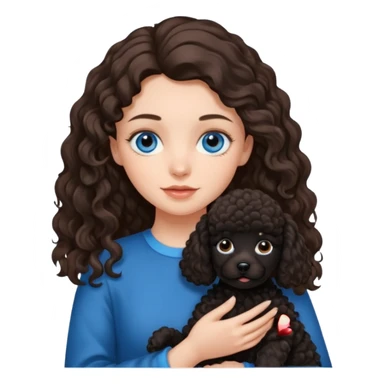 Brunette girl with long wavy hair and blue eyes holding one black puppy poodle with brown eyes. No decoration on the dog.  sticker